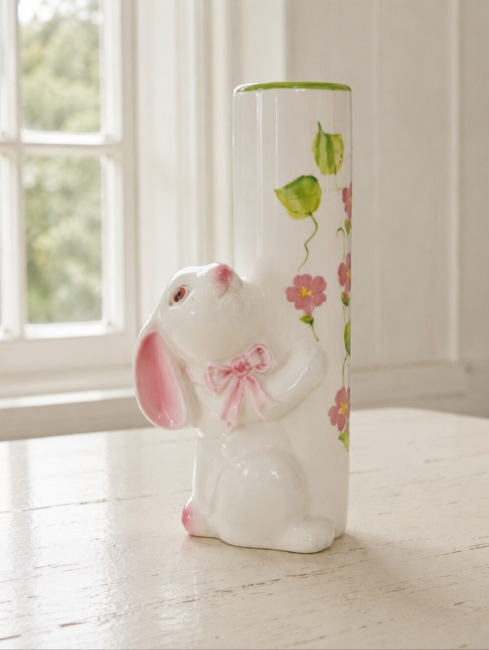Vintage FTD Bunny Rabbit Porcelain Bud Vase Pink Floral Made in Brazil